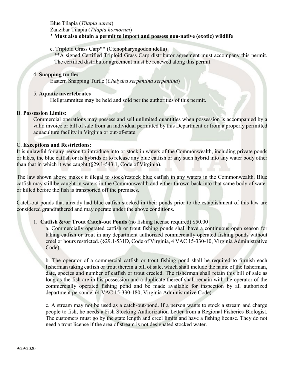 Application for Permit to Hold and Sell Certain Fish, Snakes, Snapping Turtles,  Hellgrammites for Sale (20  21 - Hold) - Virginia, Page 6