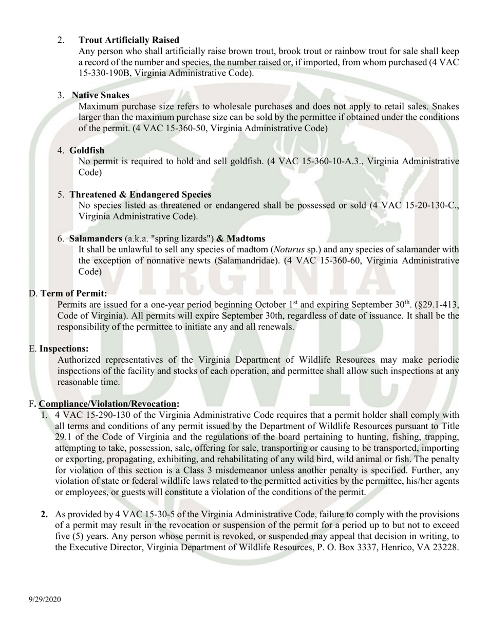 Application for Permit to Hold and Sell Certain Fish, Snakes, Snapping Turtles,  Hellgrammites for Sale (20  21 - Hold) - Virginia, Page 7