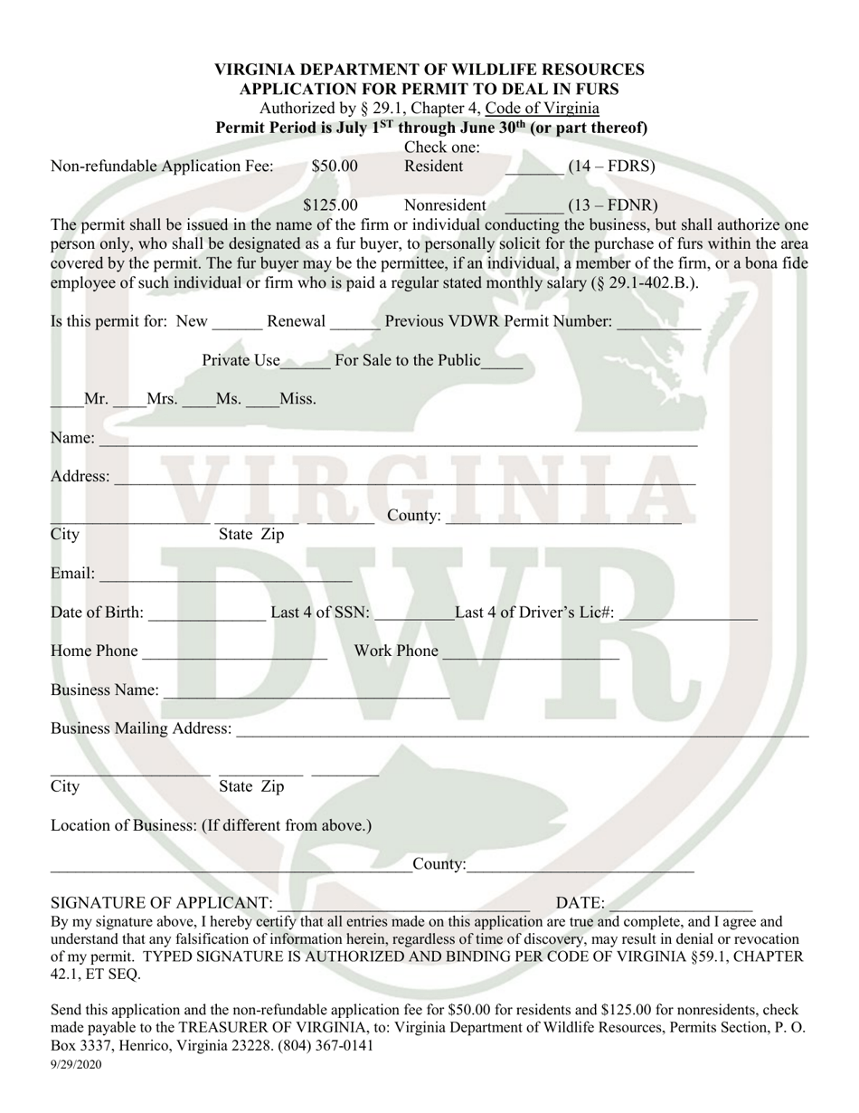 Application for Permit to Deal in Furs - Virginia, Page 1