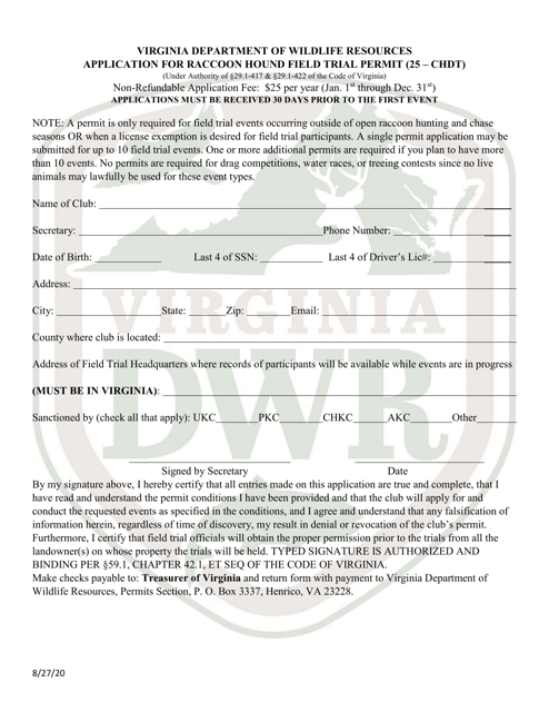 Application for Raccoon Hound Field Trial Permit (25 - Chdt) - Virginia