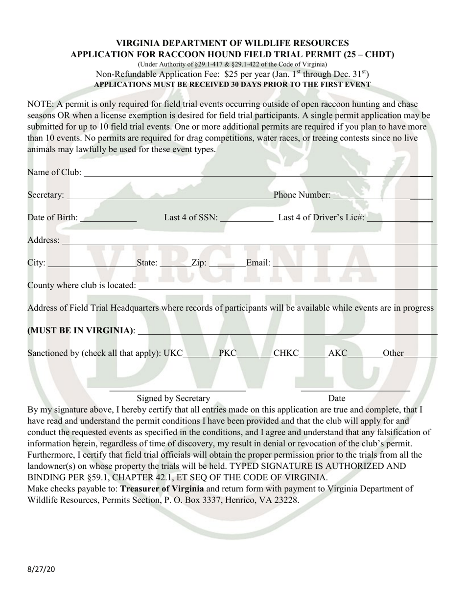 Application for Raccoon Hound Field Trial Permit (25 - Chdt) - Virginia, Page 1