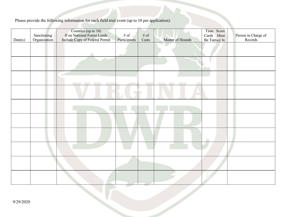 Virginia Application for Raccoon Hound Field Trial Permit (25 Chdt