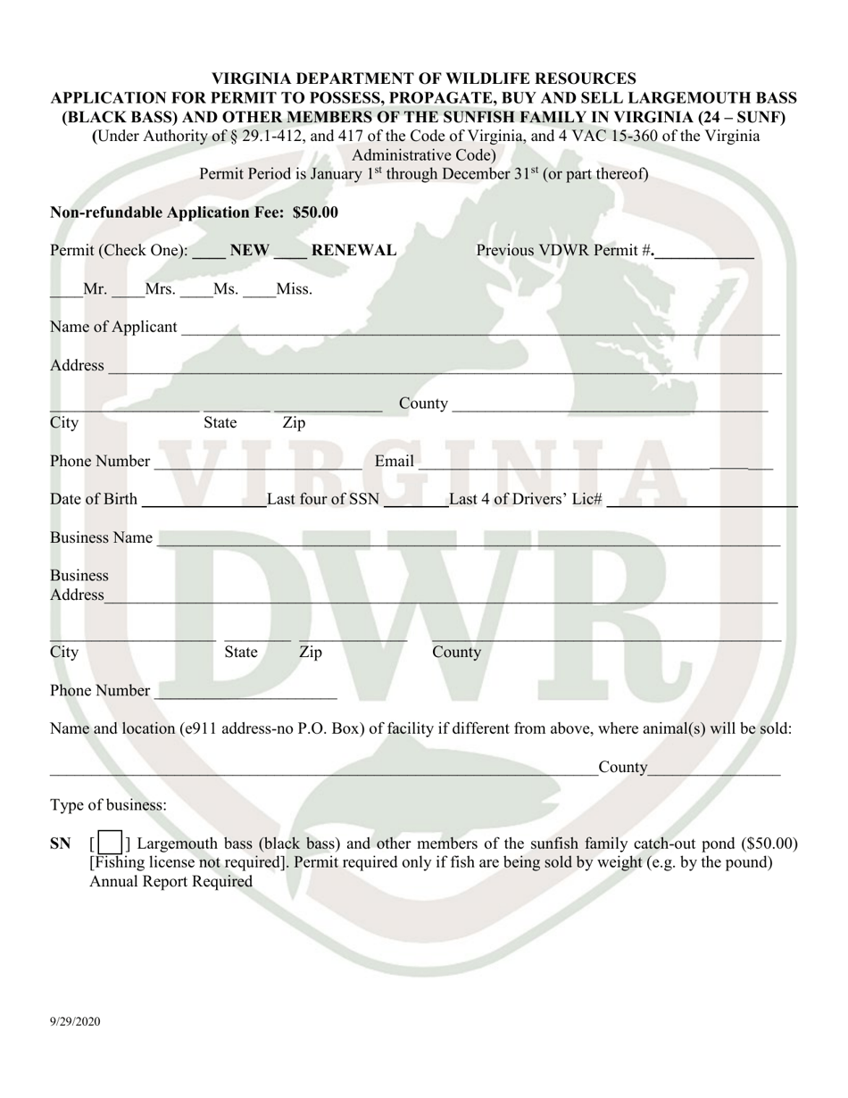 Application for Permit to Possess, Propagate, Buy and Sell Largemouth Bass (Black Bass) and Other Members of the Sunfish Family in Virginia (24 - Sunf) - Virginia, Page 1