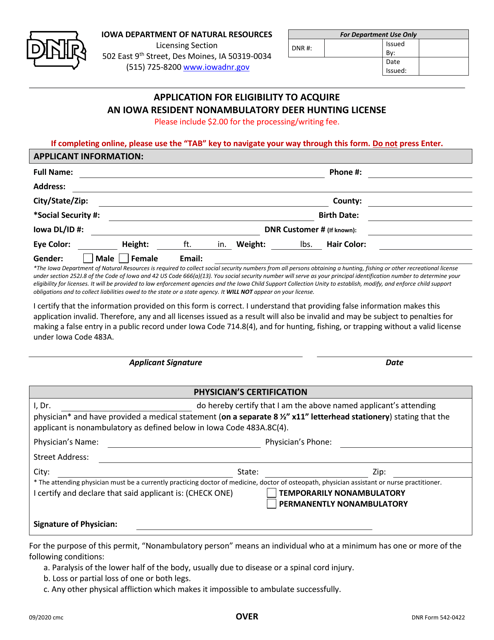 Form 542-0422 Application for Eligibility to Acquire an Iowa Resident Nonambulatory Deer Hunting License - Iowa