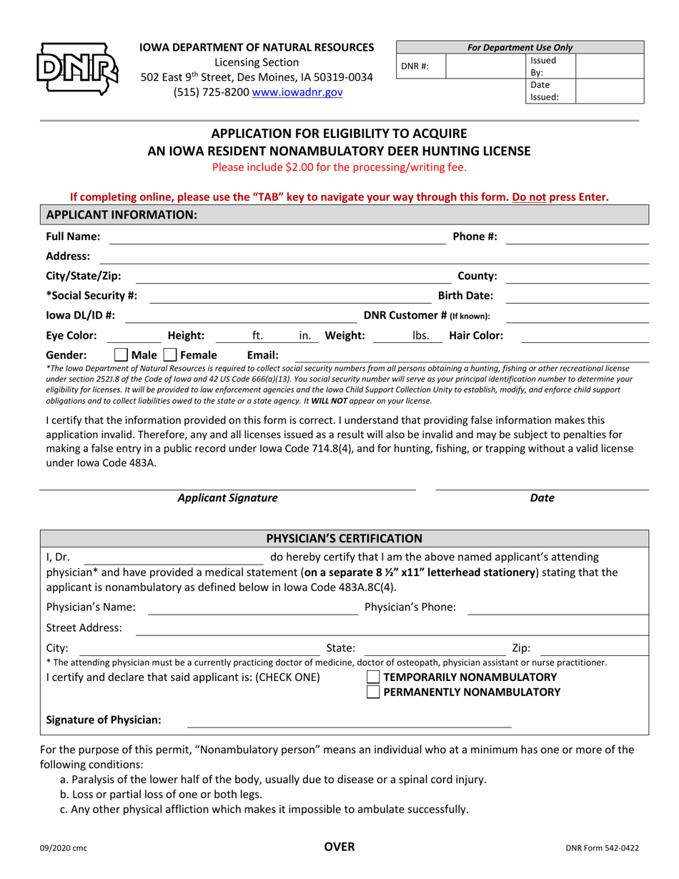 Form 542-0422 Application for Eligibility to Acquire an Iowa Resident Nonambulatory Deer Hunting License - Iowa, Page 1