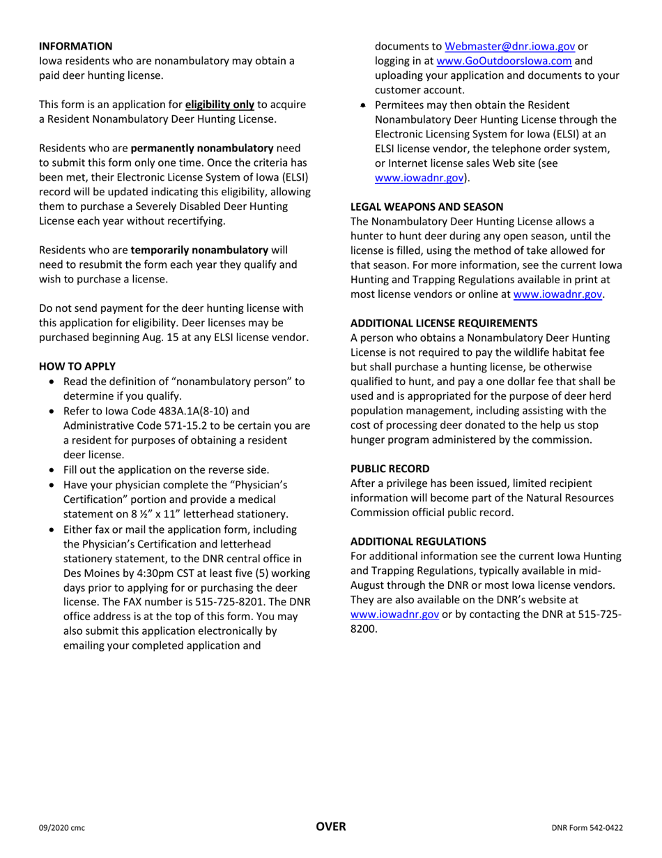 Form 542-0422 Application for Eligibility to Acquire an Iowa Resident Nonambulatory Deer Hunting License - Iowa, Page 2