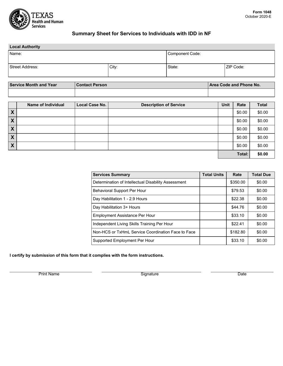Form 1048 Summary Sheet for Services to Individuals With Idd in a Nursing Facility - Texas, Page 1