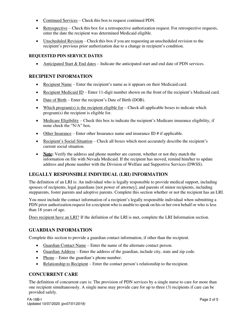 Instructions for Form FA-16B Home Health Agency - Private Duty Nursing (Pdn) Services Only Prior Authorization Request - Nevada, Page 2