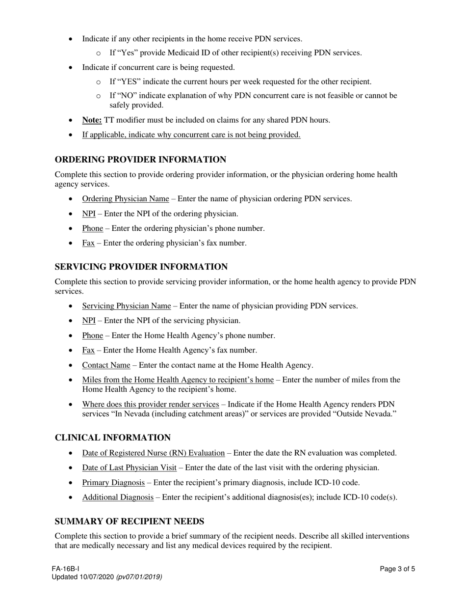 Instructions for Form FA-16B Home Health Agency - Private Duty Nursing (Pdn) Services Only Prior Authorization Request - Nevada, Page 3