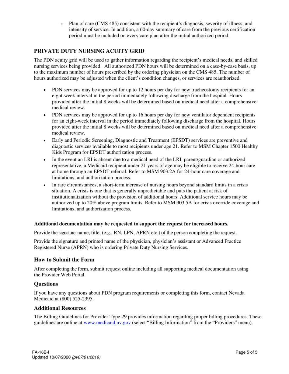 Instructions for Form FA-16B Home Health Agency - Private Duty Nursing (Pdn) Services Only Prior Authorization Request - Nevada, Page 5
