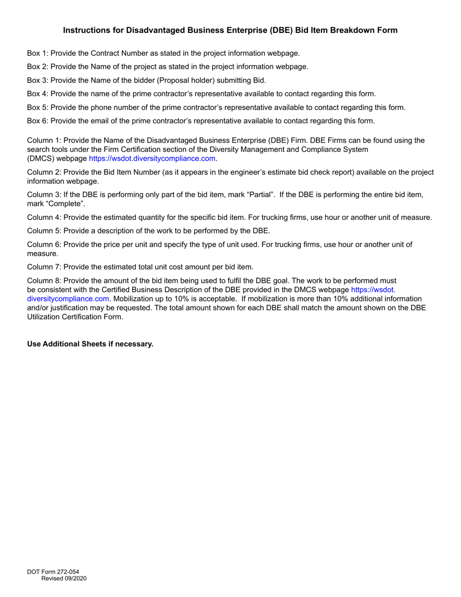 DOT Form 272-054 Disadvantaged Business Enterprise (Dbe) Bid Item Breakdown Form - Washington, Page 2