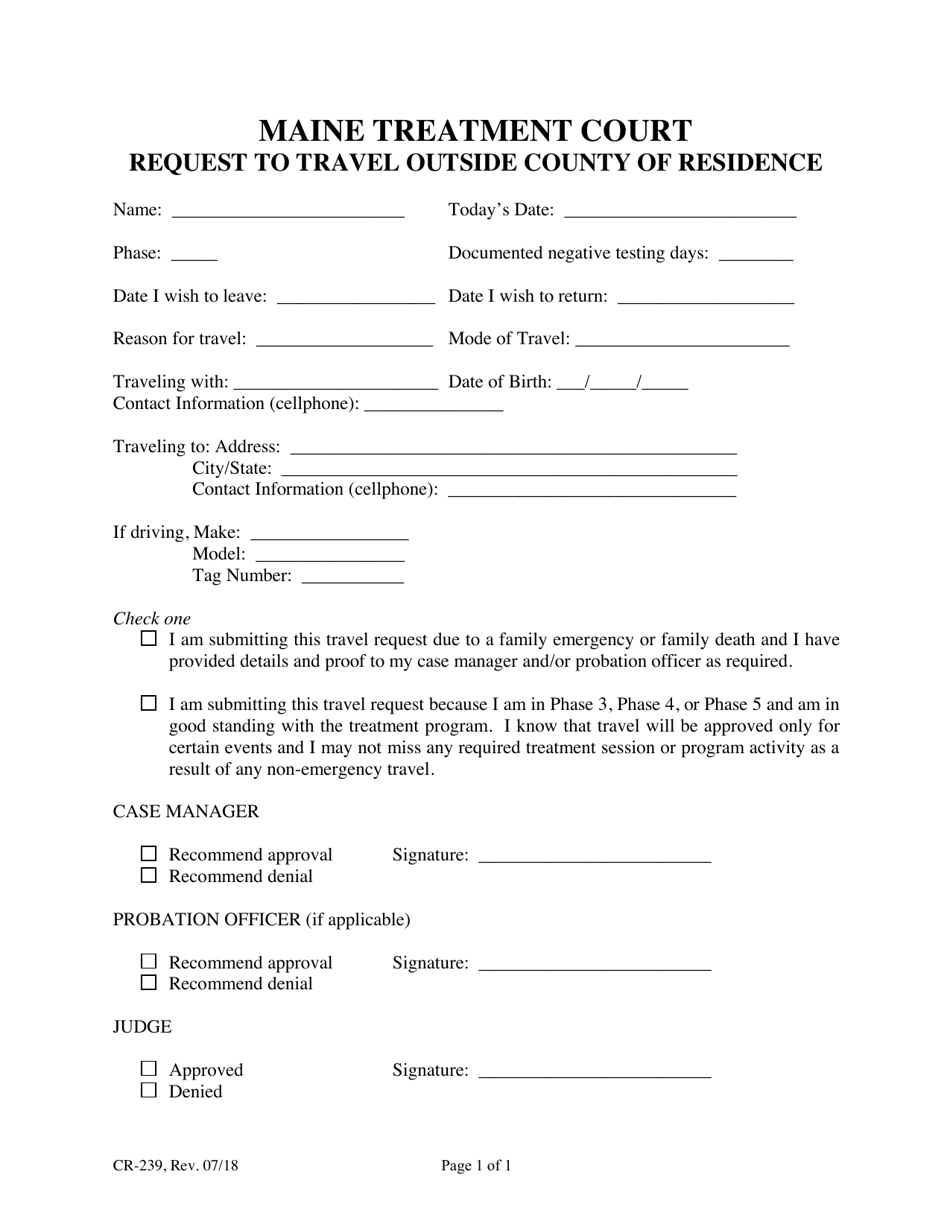 Form CR-239 Request to Travel Outside County of Residence - Maine, Page 1