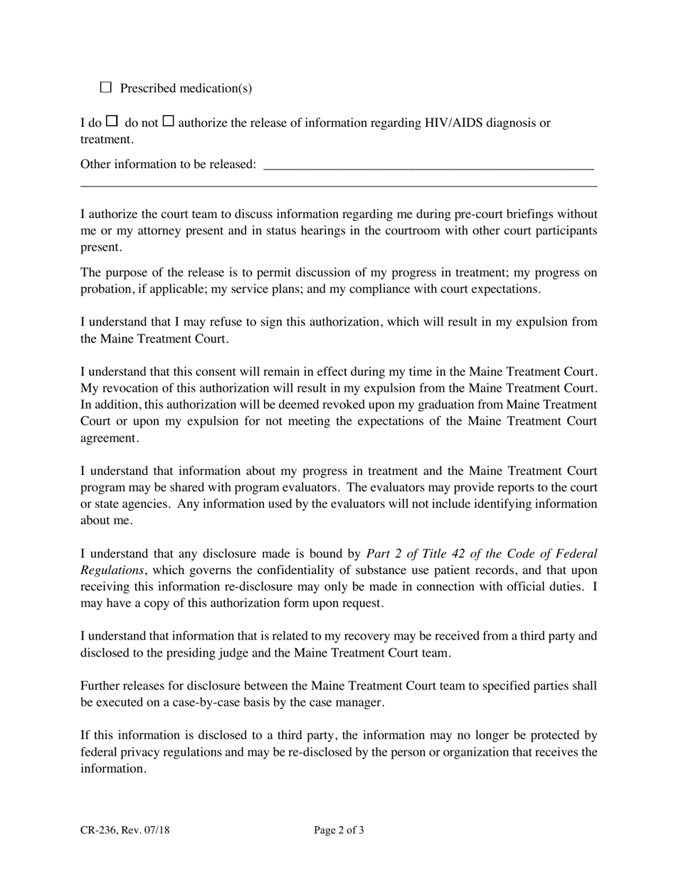 Form CR-236 Authorization to Release Information Within the Maine Treatment Court Teams - Maine, Page 2
