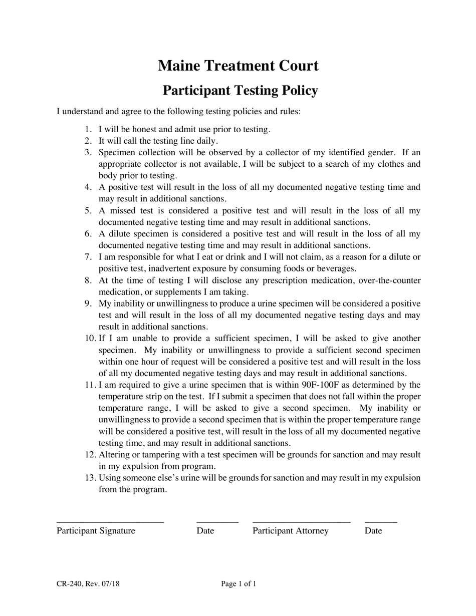Form CR-240 Participant Testing Policy - Maine, Page 1