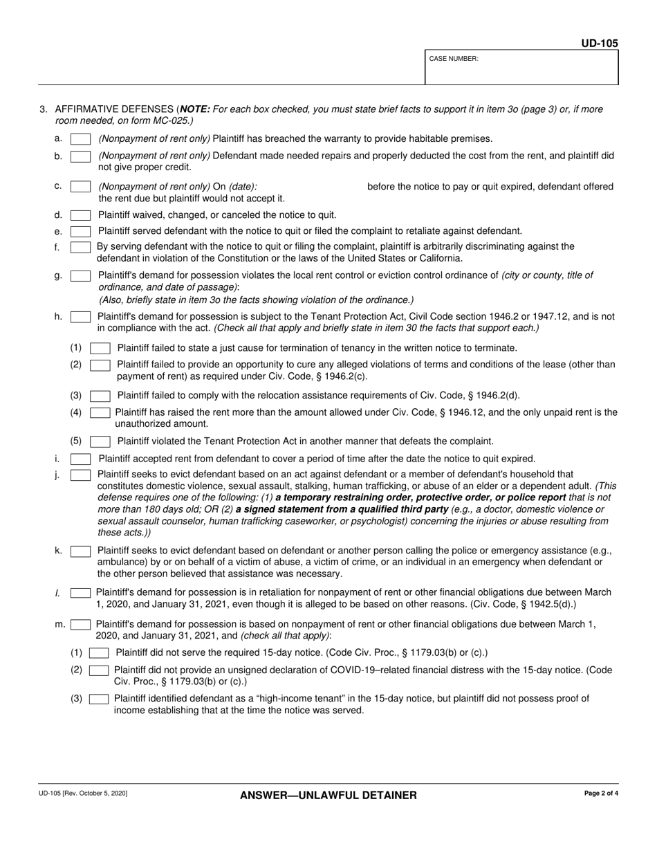 Form UD-105 Answer - Unlawful Detainer - California, Page 2