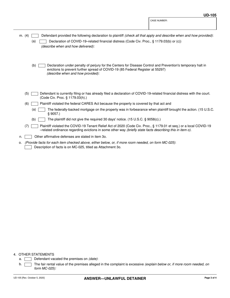Form UD-105 Answer - Unlawful Detainer - California, Page 3