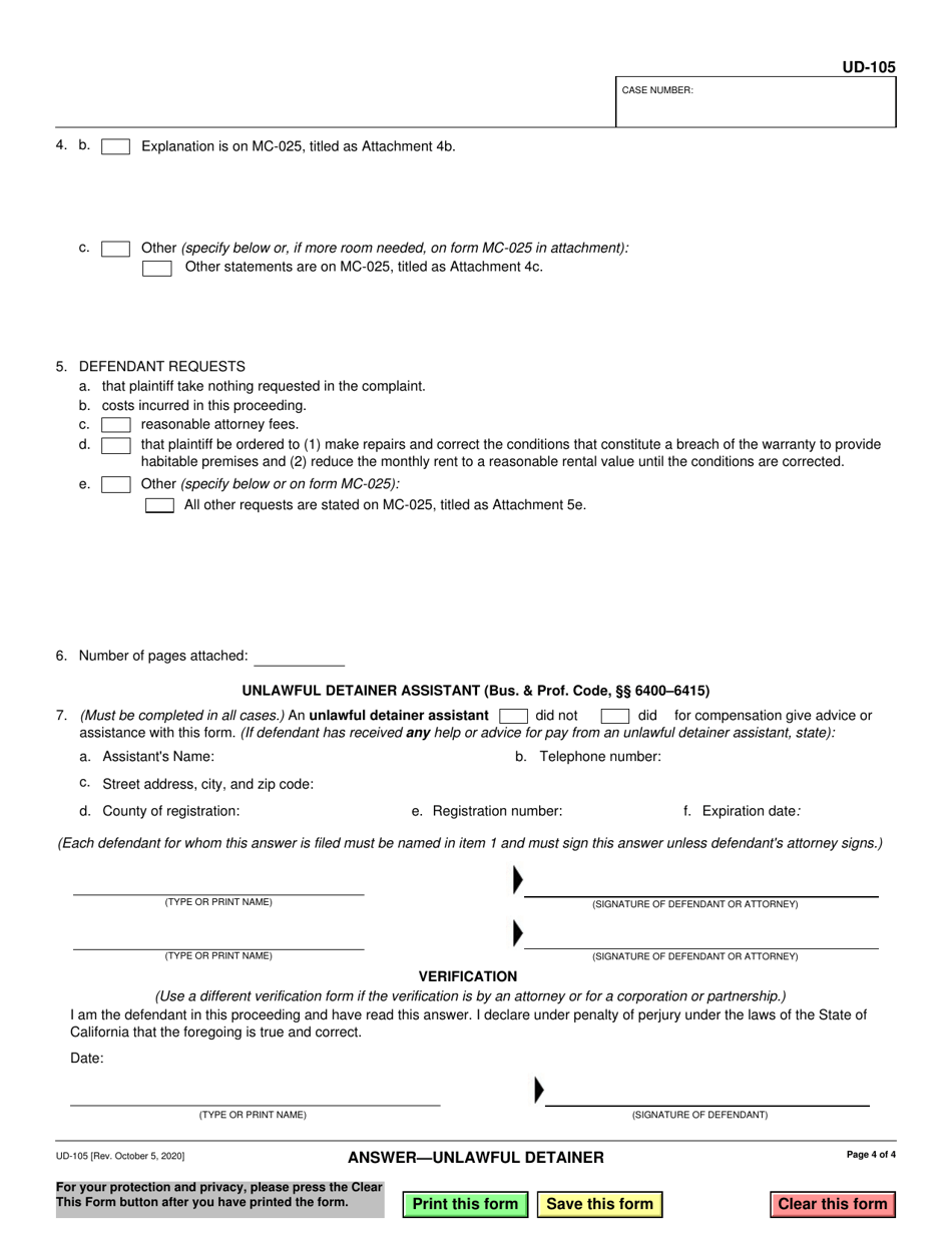 Form UD-105 Answer - Unlawful Detainer - California, Page 4