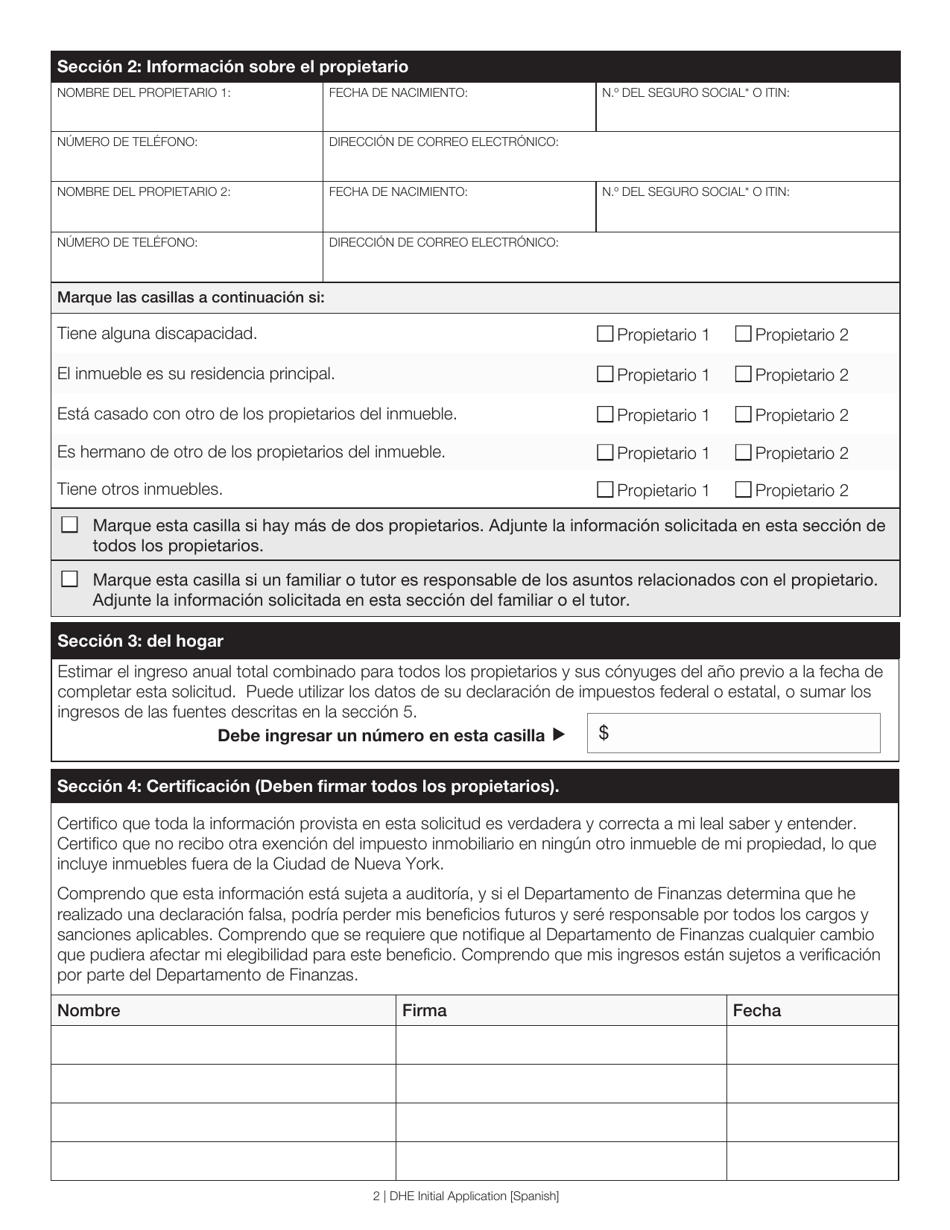 Exencion Para Propietarios Discapacitados Solicitud Inicial - New York City (Spanish), Page 2