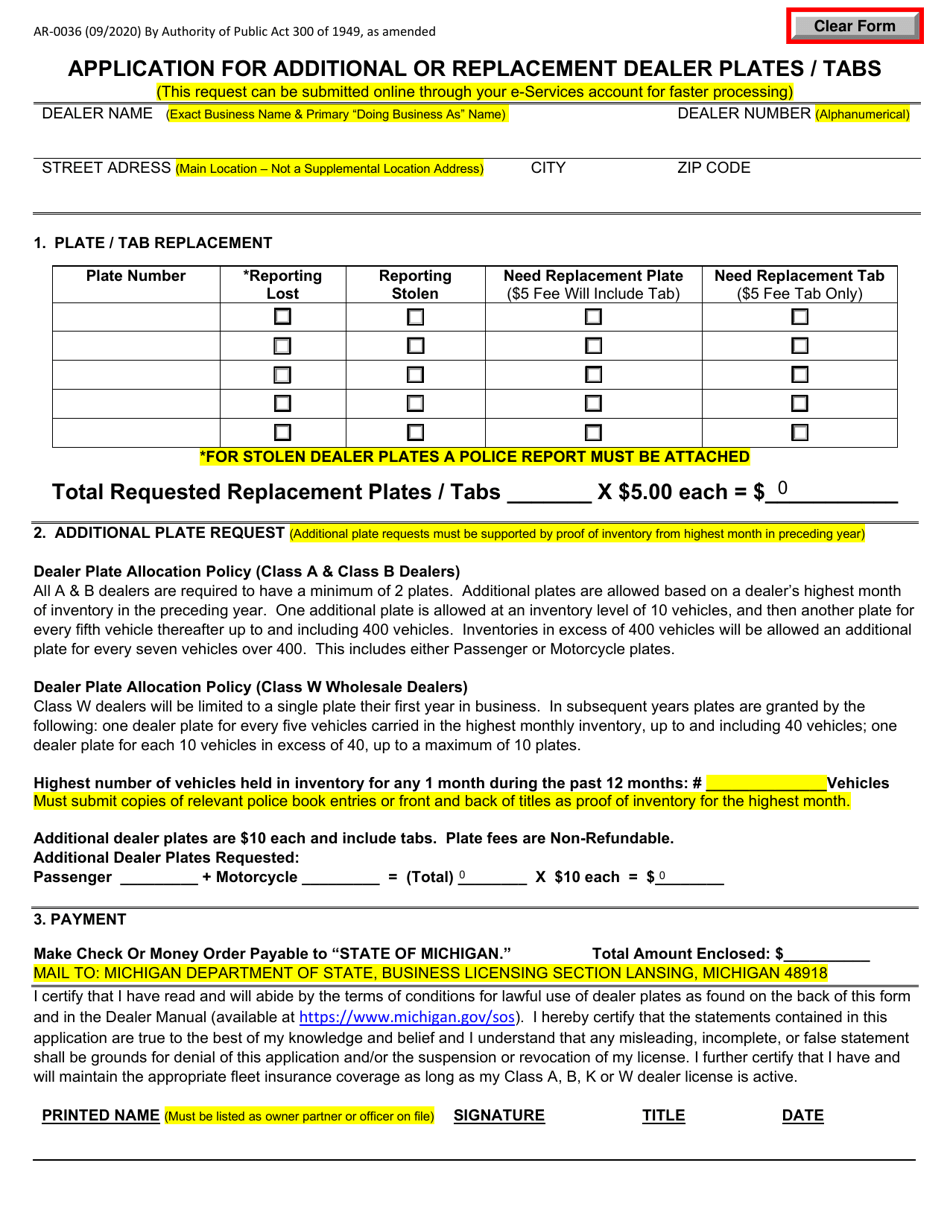 Form AR-0036 Application for Additional or Replacement Dealer Plates / Tabs - Michigan, Page 1