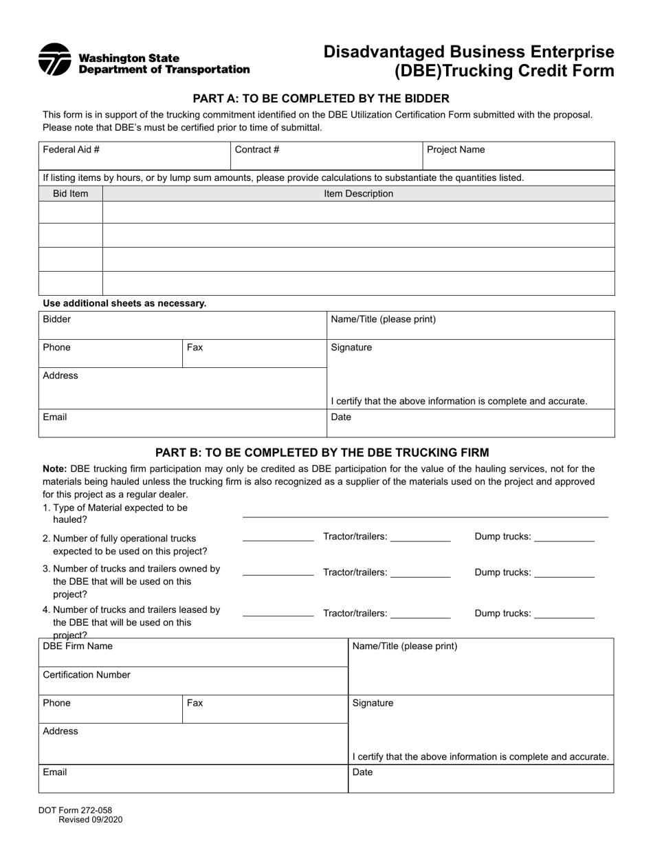 DOT Form 272-058 Disadvantaged Business Enterprise (Dbe)trucking Credit Form - Washington, Page 1