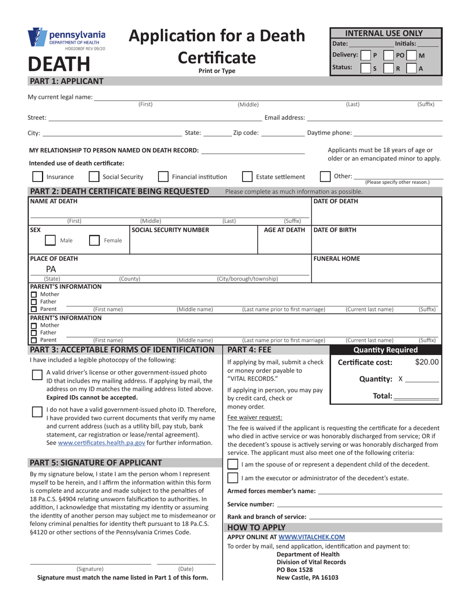 Form HD02080F Application for a Death Certificate - Pennsylvania, Page 1