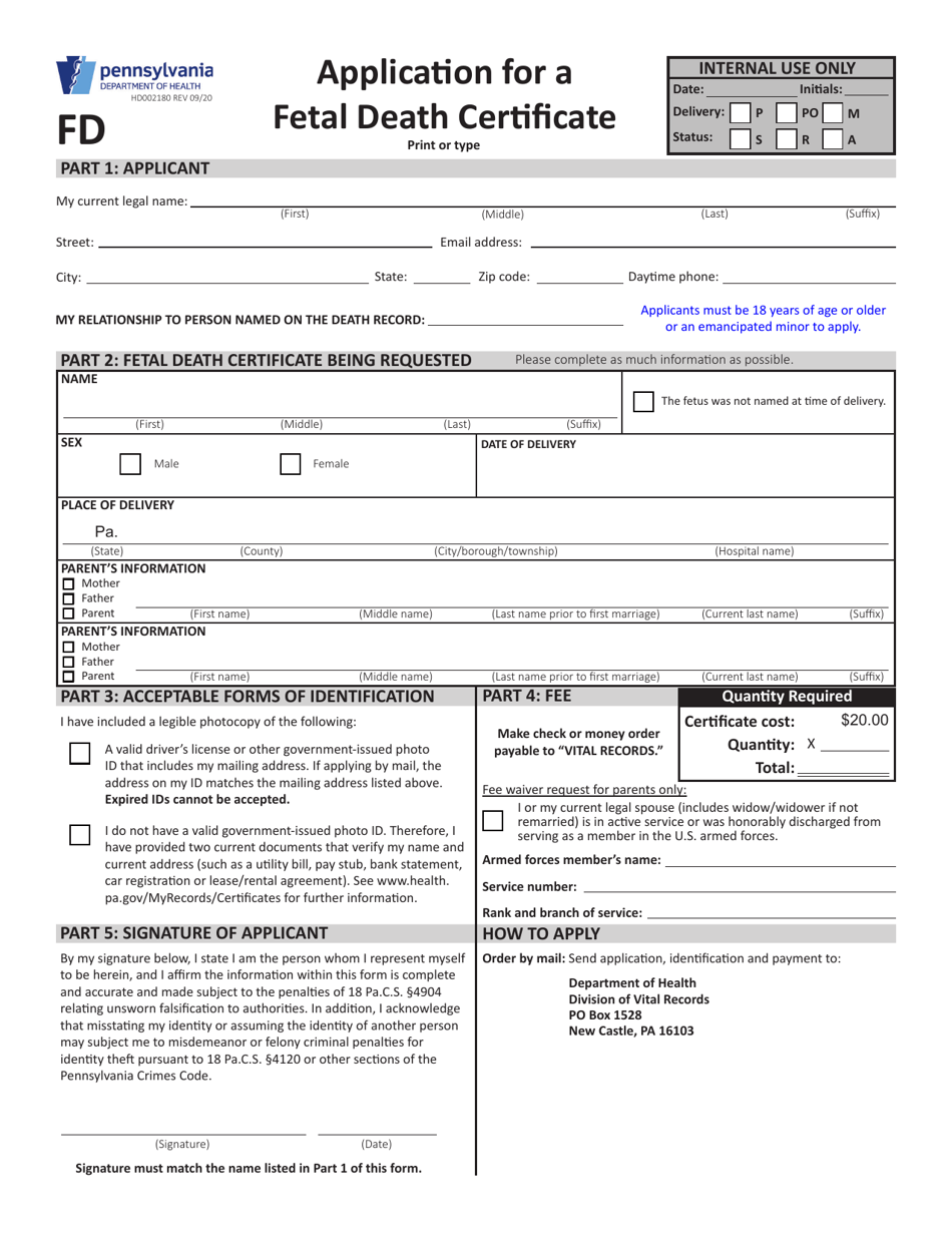 Form HD002180 Application for a Fetal Death Certificate - Pennsylvania, Page 1