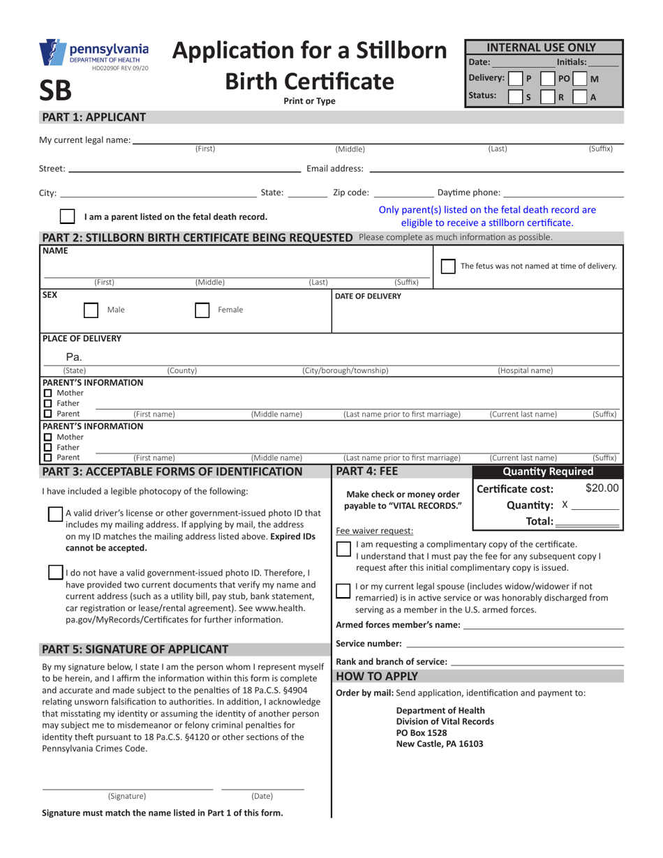 Form HD02090F Application for a Stillborn Birth Certificate - Pennsylvania, Page 1