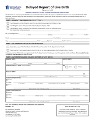 Form HD105.018 Delayed Report of Live Birth - Pennsylvania