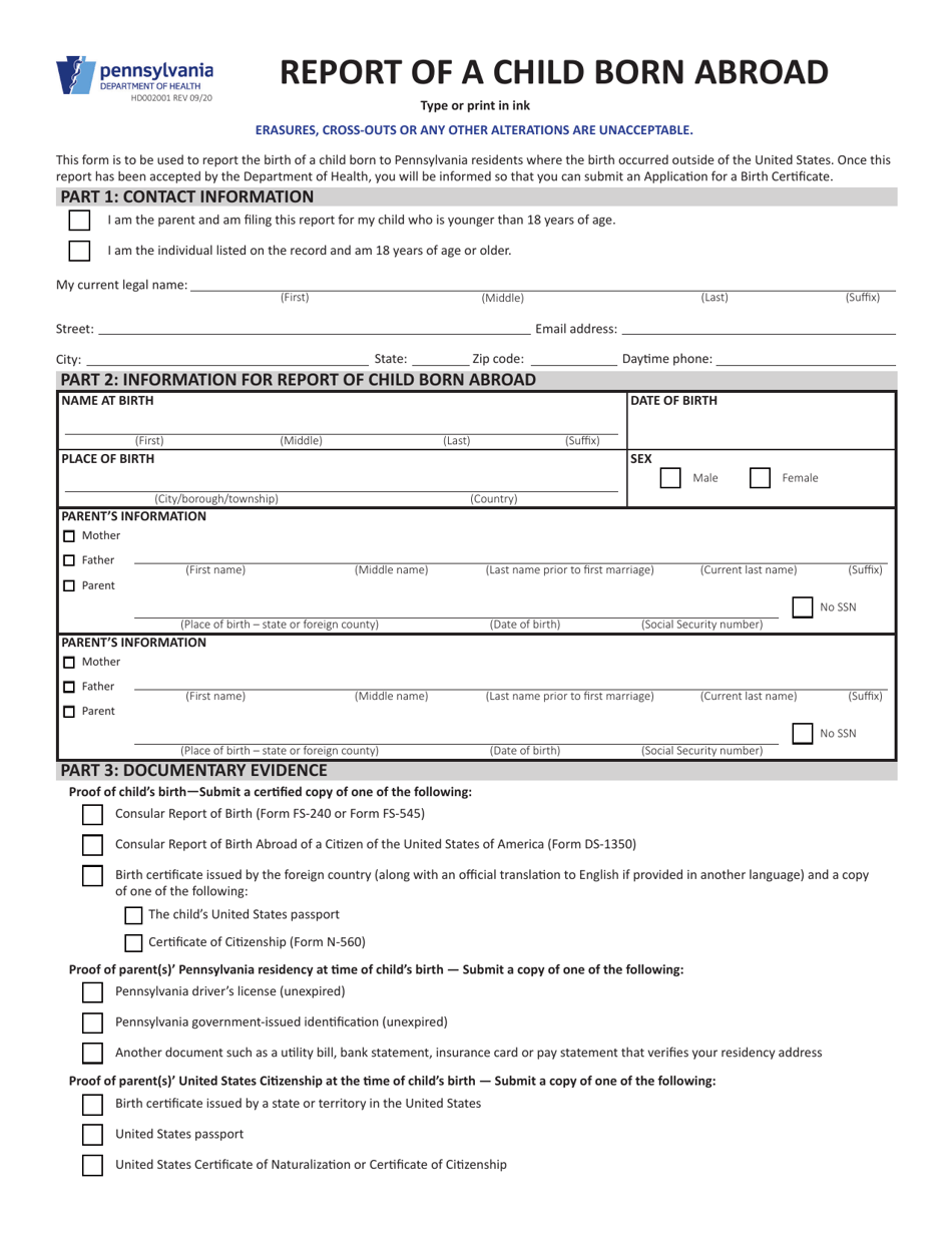 Form HD002001 Download Fillable PDF or Fill Online Report of a Child ...