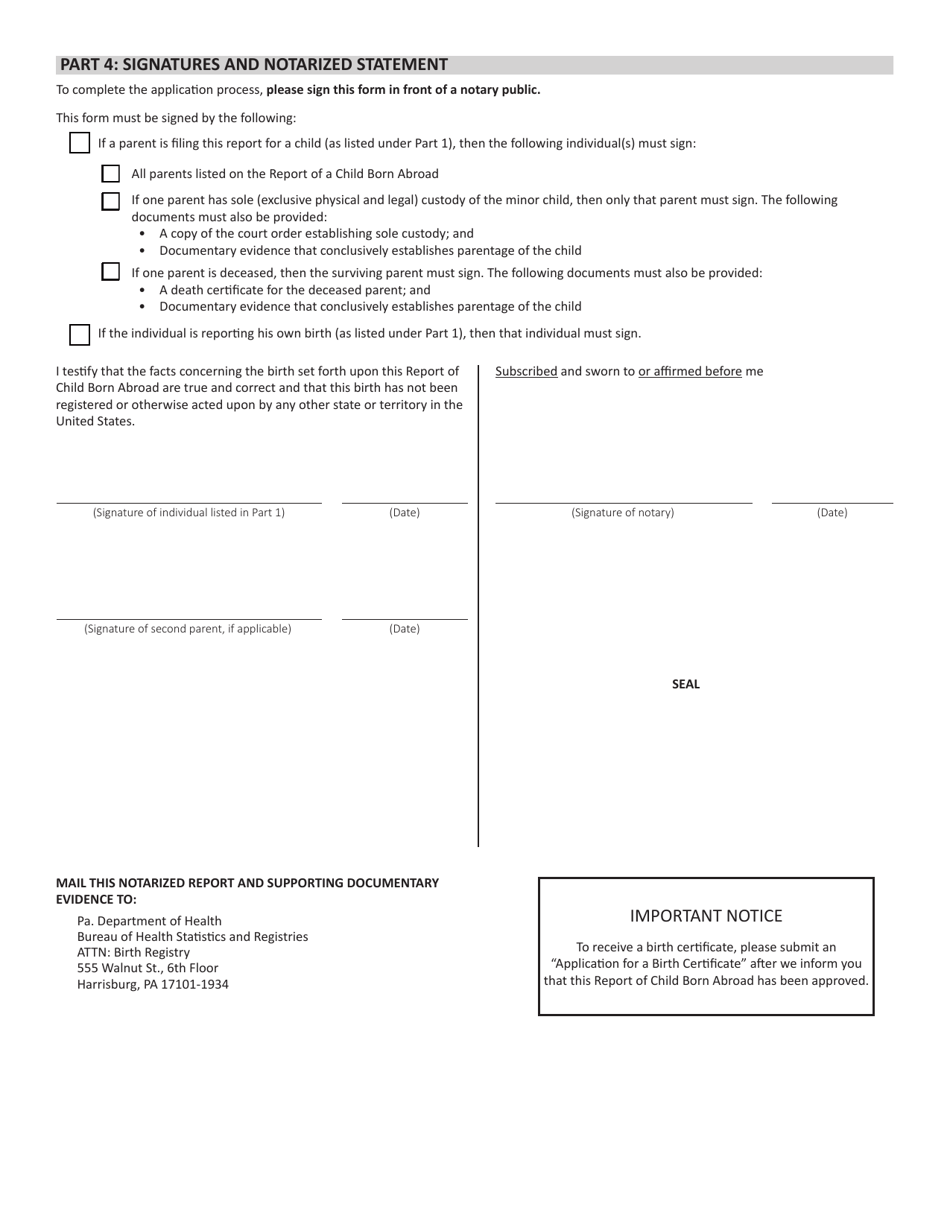 Form HD002001 Report of a Child Born Abroad - Pennsylvania, Page 2