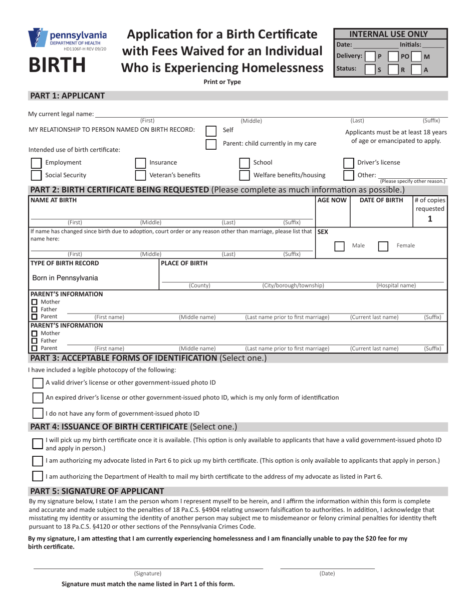 Form HD1106F-H Application for a Birth Certificate With Fees Waived for an Individual Who Is Experiencing Homelessness - Pennsylvania, Page 1