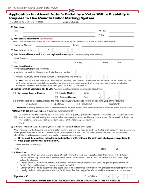 Form 11-G Application for Absent Voter's Ballot by a Voter With a Disability & Request to Use Remote Ballot Marking System - Ohio