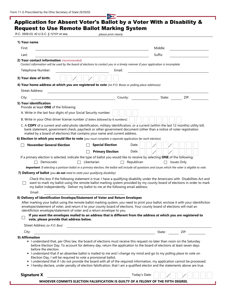 Form 11-G Application for Absent Voters Ballot by a Voter With a Disability  Request to Use Remote Ballot Marking System - Ohio, Page 1