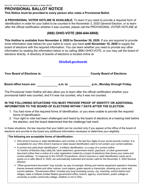 Form 12-H Provisional Ballot Notice - Ohio (English/Spanish)