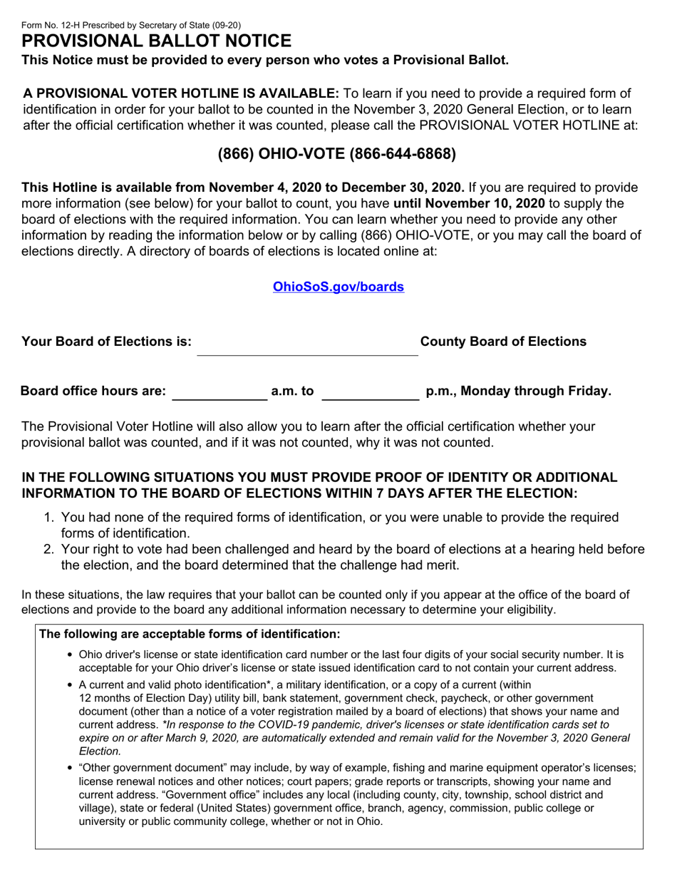 Form 12-H Provisional Ballot Notice - Ohio (English / Spanish), Page 1