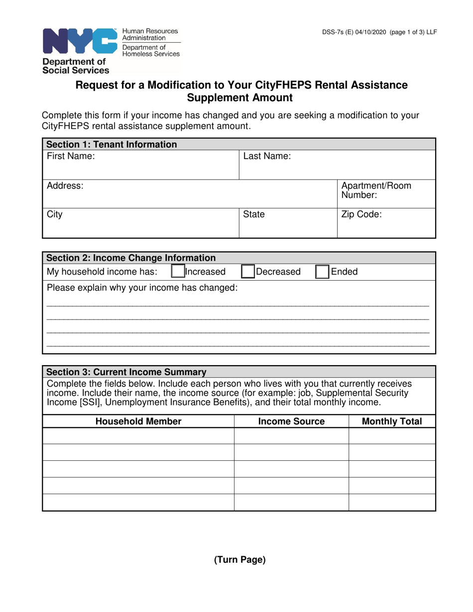 Form DSS-7S Request for a Modification to Your Cityfheps Rental Assistance Supplement Amount - New York City, Page 1