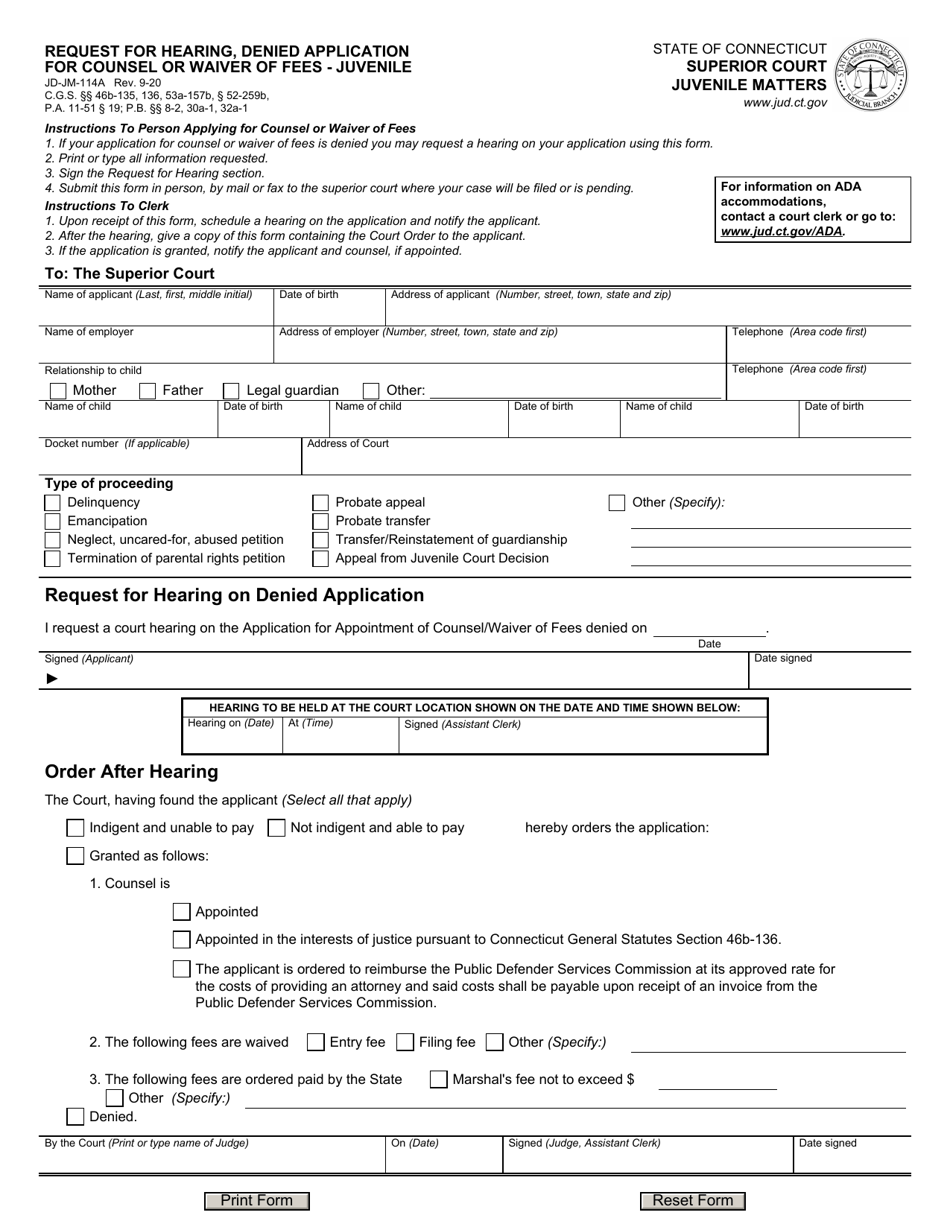 Form JD-JM-114A Request for Hearing, Denied Application for Counsel or Waiver of Fees - Juvenile - Connecticut, Page 1