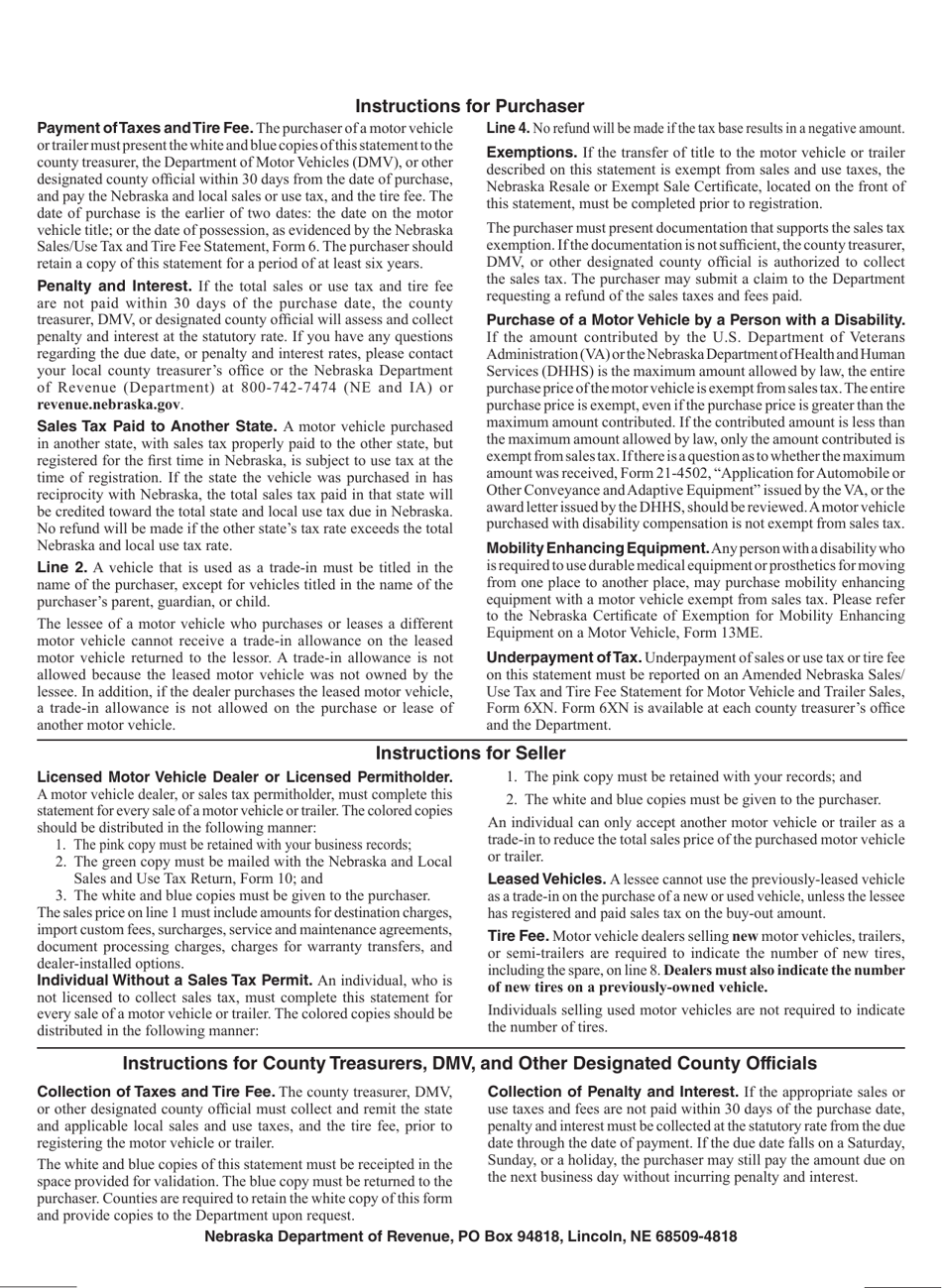 Form 6 Nebraska Sales / Use Tax and Tire Fee Statement for Motor Vehicle and Trailer Sales - Nebraska, Page 2