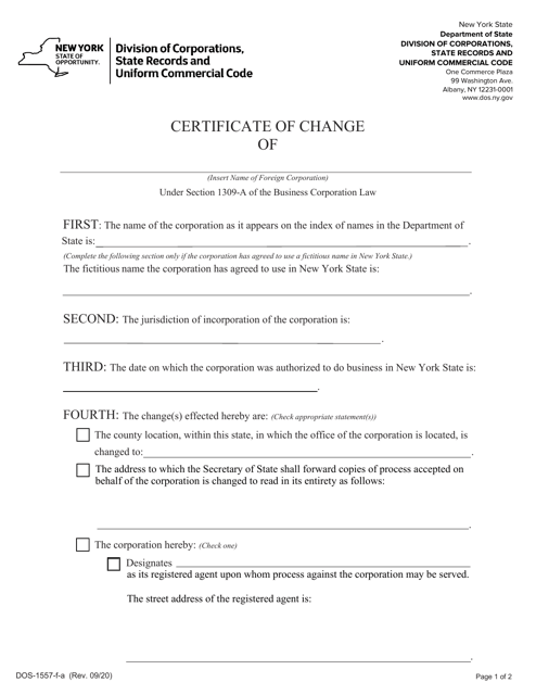 Form DOS-1557-F-A Certificate of Change - New York