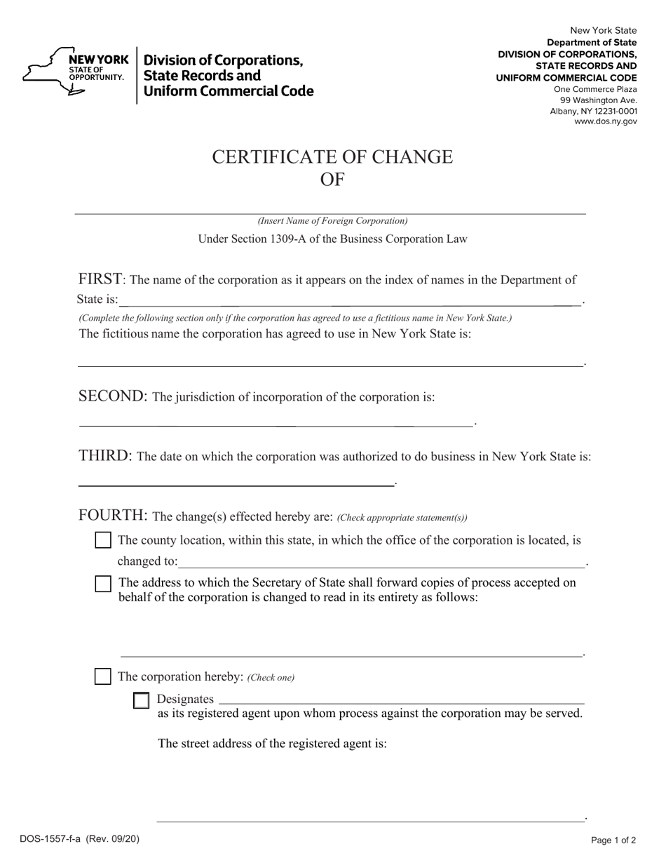 Form DOS-1557-F-A Certificate of Change - New York, Page 1