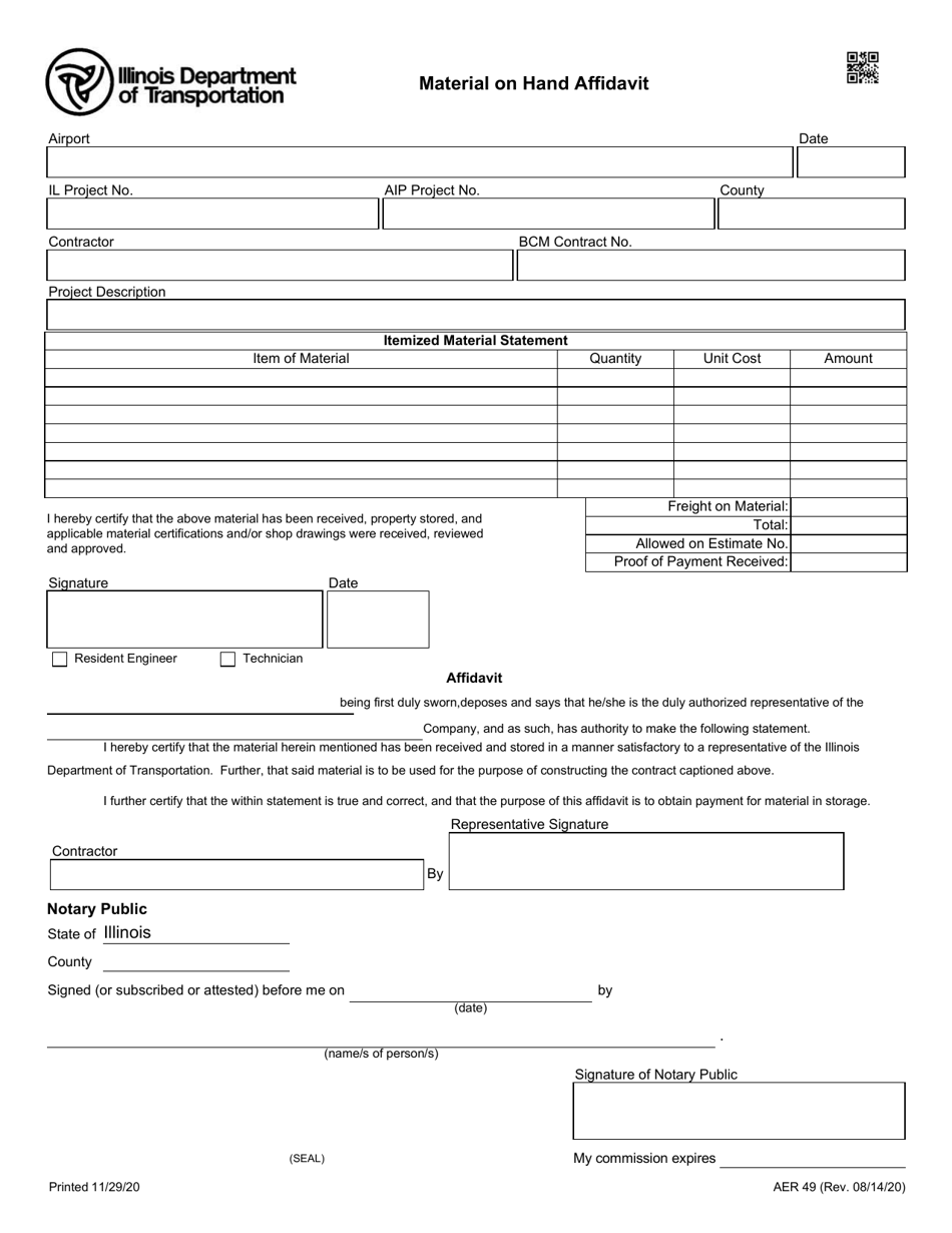 Form AER49 Material on Hand Affidavit - Illinois, Page 1