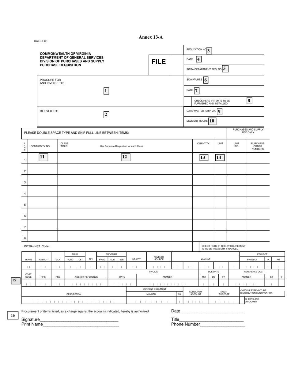 Form DGS-41-001 Annex 13-A Purchase Requisition - Virginia, Page 1