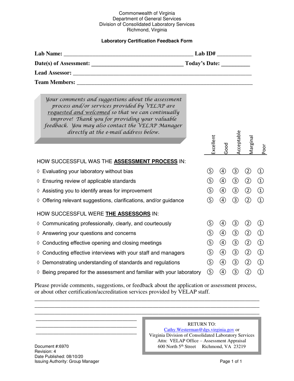 Form 6970 Laboratory Certification Feedback Form - Virginia, Page 1