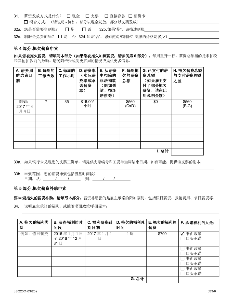 Form LS223C Labor Standards Complaint Form - New York (Chinese), Page 5