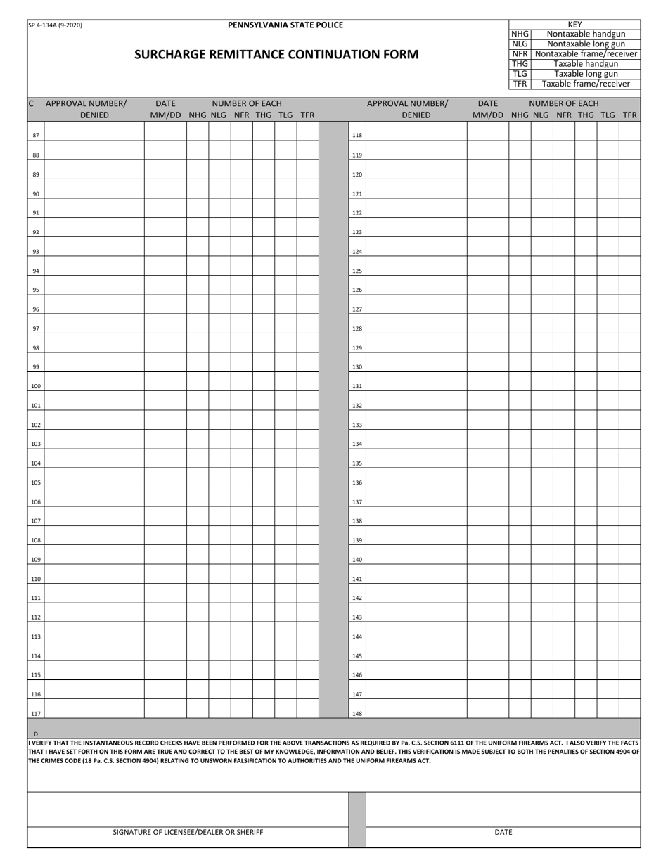 Form SP4-134A Surcharge Remittance Continuation Form - Pennsylvania, Page 2