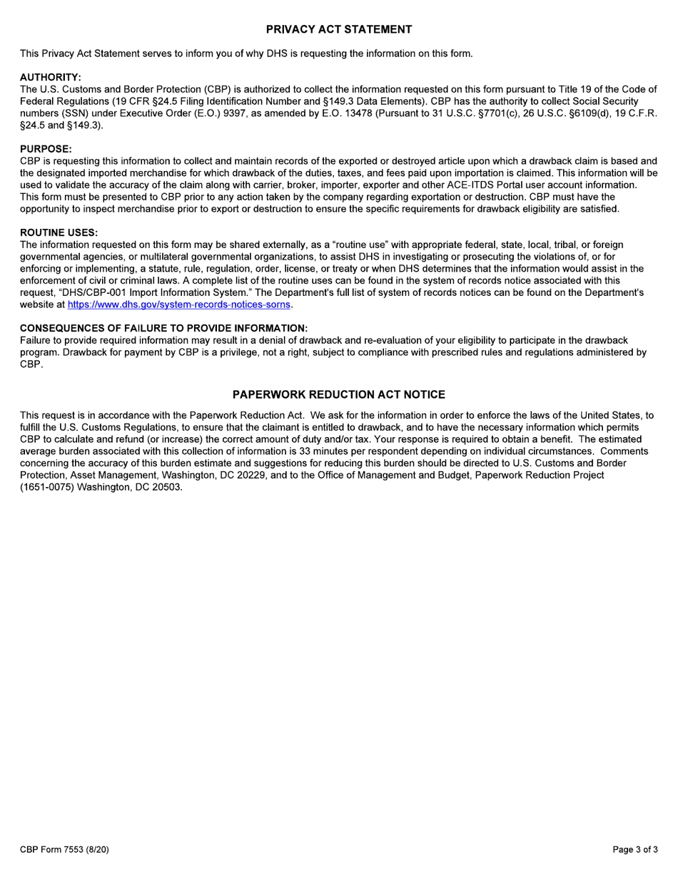 CBP Form 7553 Notice of Intent to Export, Destroy or Return Merchandise for Purposes of Drawback, Page 3