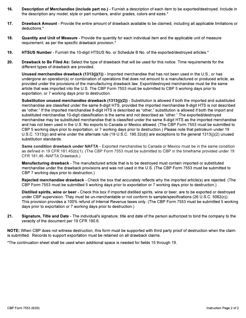 CBP Form 7553 Notice of Intent to Export, Destroy or Return Merchandise for Purposes of Drawback, Page 5