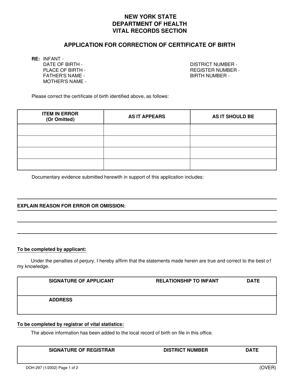 Form DOH-297 Application for Correction of Certificate of Birth - New York, Page 1