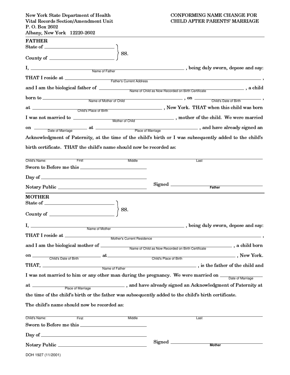 Form DOH-1927 Conforming Name Change for Child After Parents Marriage - New York, Page 1