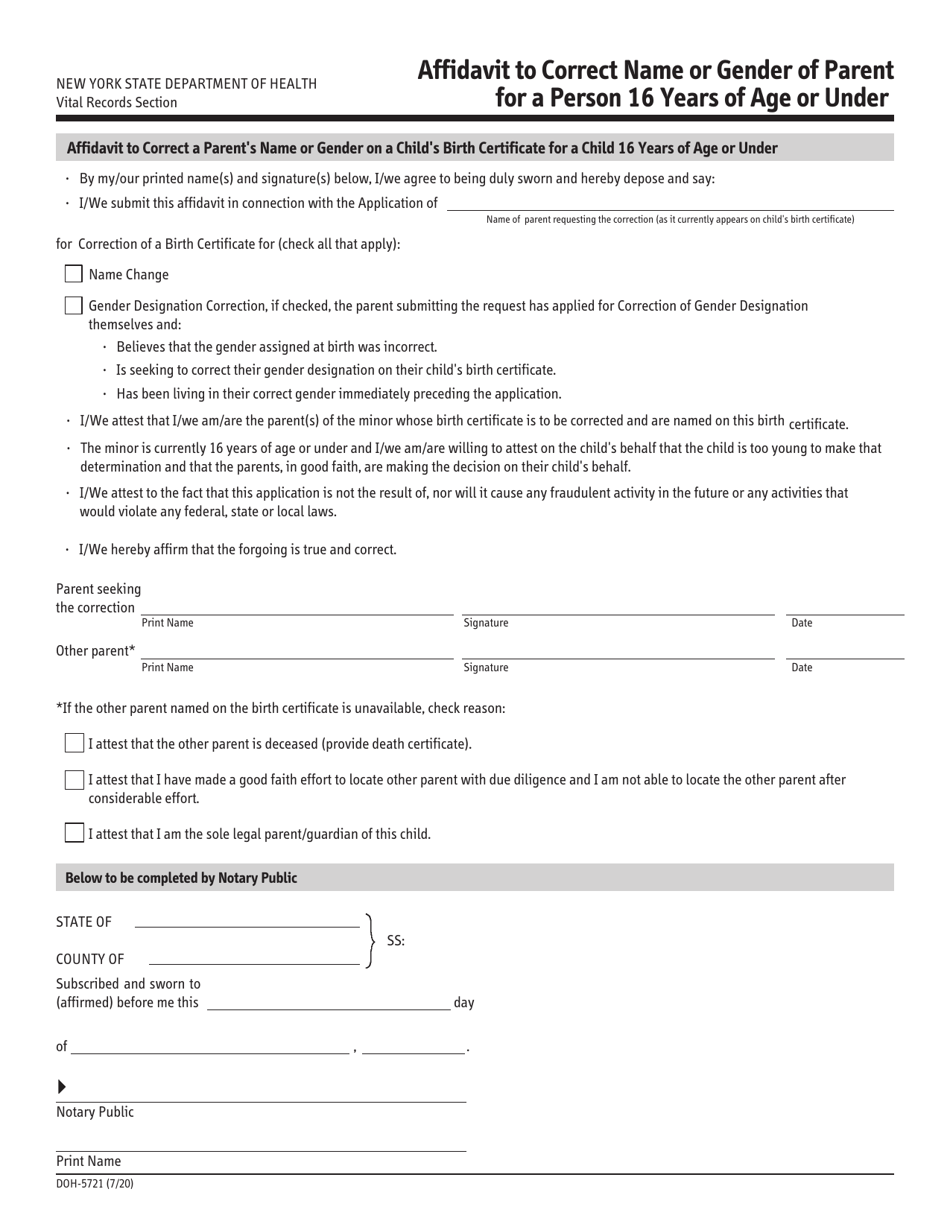 Form DOH-5721 Affidavit to Correct Name or Gender of Parent for a Person 16 Years of Age or Under - New York, Page 1